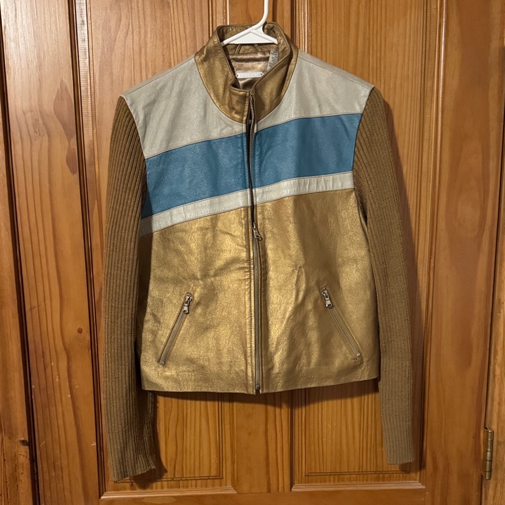 Colorblock Metallic Leather Jacket with Knit Sleeves